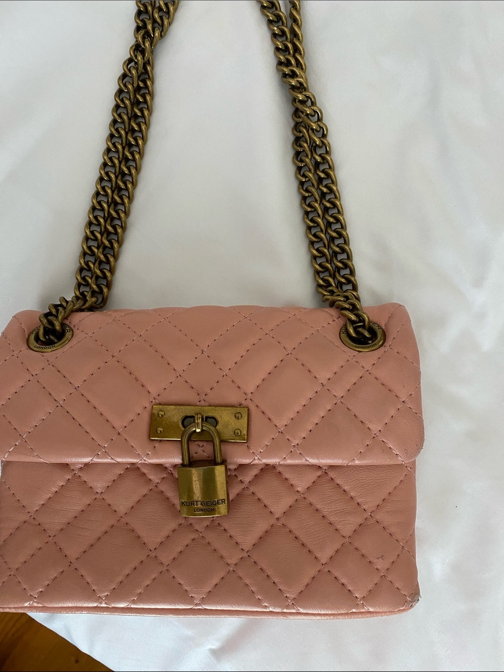 Kurt Geiger Quilted Blush Leather Shoulder Bag with Chain Strap